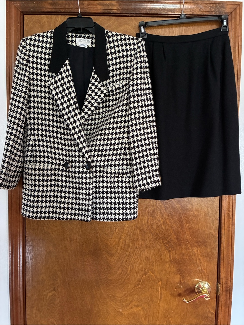 Vintage Black & White Houndstooth Wool Double Breasted Blazer & Skirt Set 10P